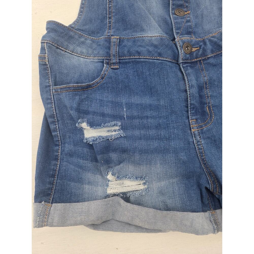 Wax Jean Basic Denim Overall Shorts Womens Size Large Blue Distressed - Picture 2 of 8